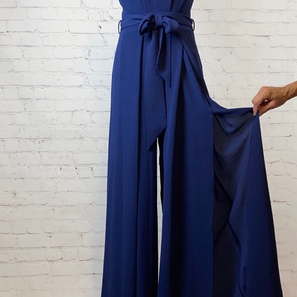 GB Navy Blue Plunge Front Strappy Back Wide Leg Jumpsuit - Picture 2 of 2